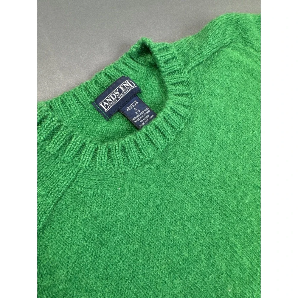 Lands' End Green Wool Sweater Made in Scotland Vintage 90s Crewneck Size 6 8 M